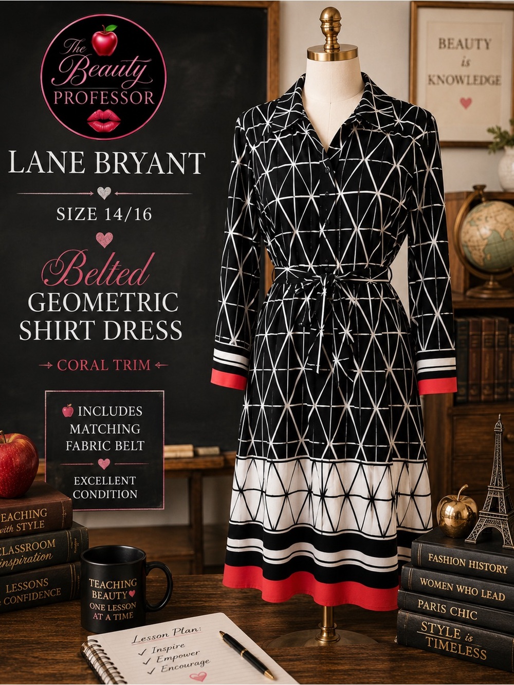 💞 Lane Bryant 14/16 Black White Geometric Belted Shirt Dress Coral Trim